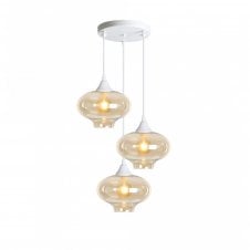 OPT 3 Light Ceiling Pendant Cluster in White with Amber Glass Mushroom Shades