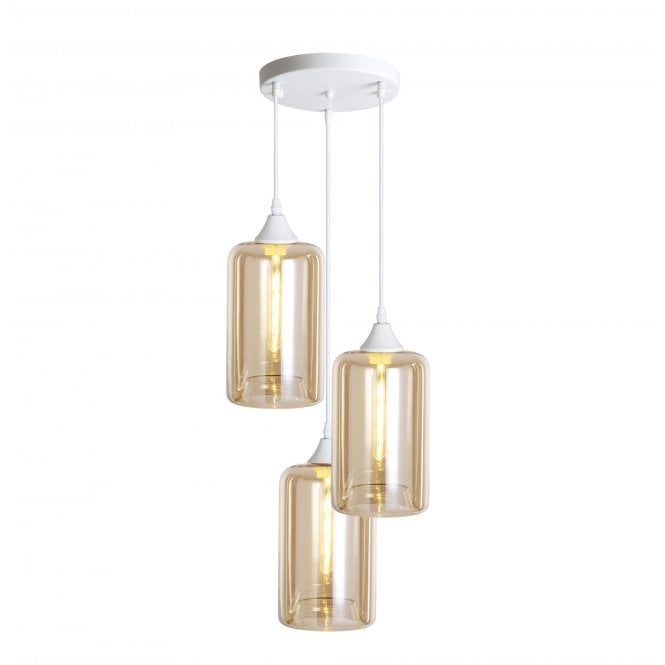 OPT 3 Light Ceiling Pendant Cluster in White with Amber Glass Narrow Cylinder Shades
