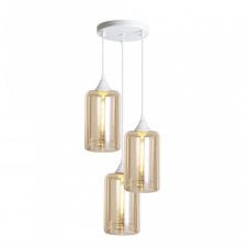 OPT 3 Light Ceiling Pendant Cluster in White with Amber Glass Narrow Cylinder Shades