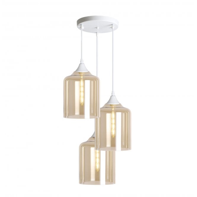 OPT 3 Light Ceiling Pendant Cluster in White with Amber Glass Wide Cylinder Shades