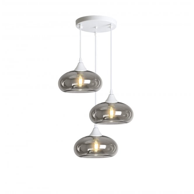 OPT 3 Light Ceiling Pendant Cluster in White with Smoked Glass Convex Shades
