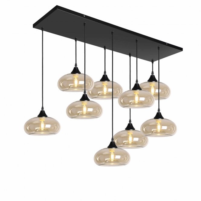 OPT 9 Light Ceiling Pendant Bar Cluster in Black with Amber Glass Convex Cap Shades