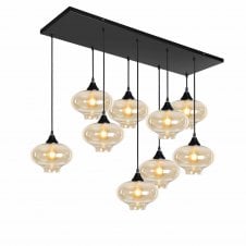 OPT 9 Light Ceiling Pendant Bar Cluster in Black with Amber Glass Mushroom Shades