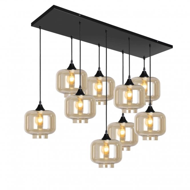 OPT 9 Light Ceiling Pendant Bar Cluster in Black with Amber Glass Short Cylinder Shades