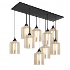 OPT 9 Light Ceiling Pendant Bar Cluster in Black with Amber Glass Wide Cylinder Shades