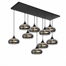 OPT 9 Light Ceiling Pendant Bar Cluster in Black with Silver Glass Convex Cap Shades
