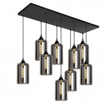 OPT 9 Light Ceiling Pendant Bar Cluster in Black with Silver Glass Narrow Cylinder Shades