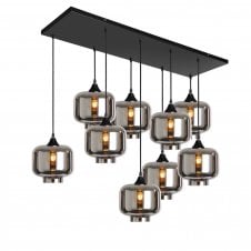 OPT 9 Light Ceiling Pendant Bar Cluster in Black with Silver Glass Short Cylinder Shades