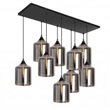 OPT 9 Light Ceiling Pendant Bar Cluster in Black with Silver Glass Wide Cylinder Shades