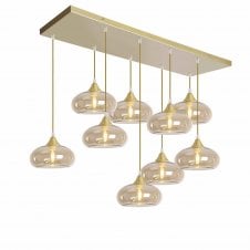 OPT 9 Light Ceiling Pendant Bar Cluster in Gold with Amber Glass Convex Cap Shades
