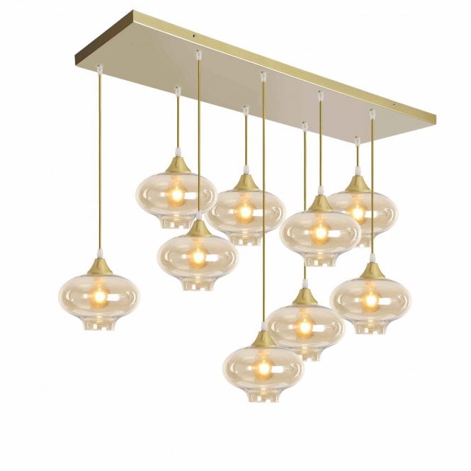 OPT 9 Light Ceiling Pendant Bar Cluster in Gold with Amber Glass Mushroom Shades