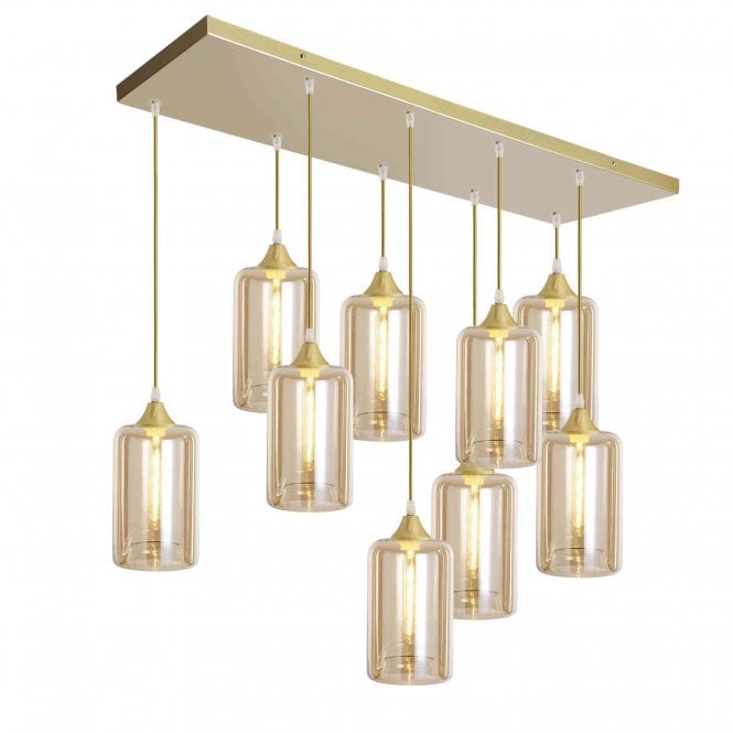 OPT 9 Light Ceiling Pendant Bar Cluster in Gold with Amber Glass Narrow Cylinder Shades
