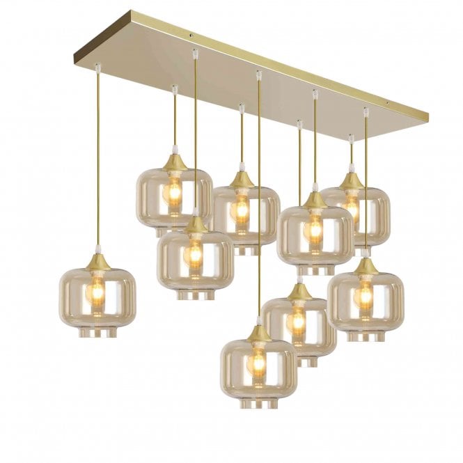 OPT 9 Light Ceiling Pendant Bar Cluster in Gold with Amber Glass Short Cylinder Shades