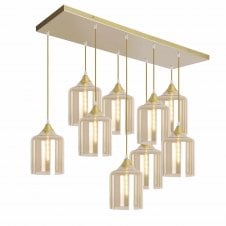 OPT 9 Light Ceiling Pendant Bar Cluster in Gold with Amber Glass Wide Cylinder Shades