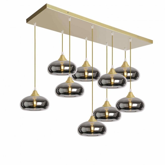 OPT 9 Light Ceiling Pendant Bar Cluster in Gold with Silver Glass Convex Cap Shades