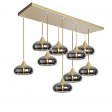 OPT 9 Light Ceiling Pendant Bar Cluster in Gold with Silver Glass Convex Cap Shades