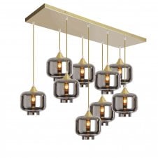 OPT 9 Light Ceiling Pendant Bar Cluster in Gold with Silver Glass Short Cylinder Shades