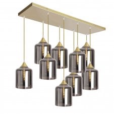 OPT 9 Light Ceiling Pendant Bar Cluster in Gold with Silver Glass Wide Cylinder Shades