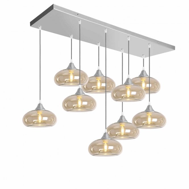 OPT 9 Light Ceiling Pendant Bar Cluster in Silver with Amber Glass Convex Cap Shades