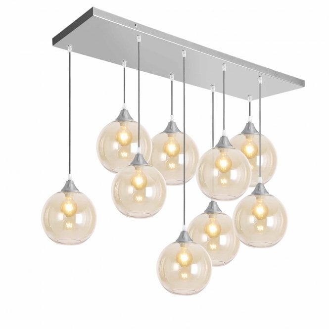 OPT 9 Light Ceiling Pendant Bar Cluster in Silver with Amber Glass Globe Shades