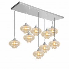 OPT 9 Light Ceiling Pendant Bar Cluster in Silver with Amber Glass Mushroom Shades