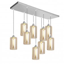 OPT 9 Light Ceiling Pendant Bar Cluster in Silver with Amber Glass Narrow Cylinder Shades