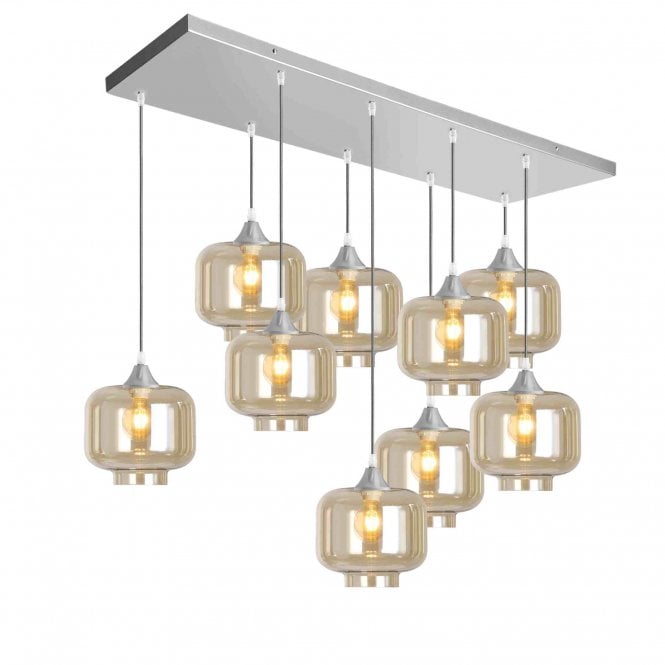OPT 9 Light Ceiling Pendant Bar Cluster in Silver with Amber Glass Short Cylinder Shades