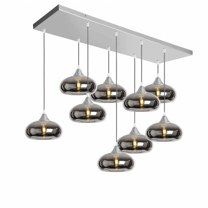 OPT 9 Light Ceiling Pendant Bar Cluster in Silver with Silver Glass Convex Cap Shades