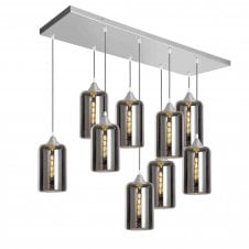 OPT 9 Light Ceiling Pendant Bar Cluster in Silver with Silver Glass Narrow Cylinder Shades