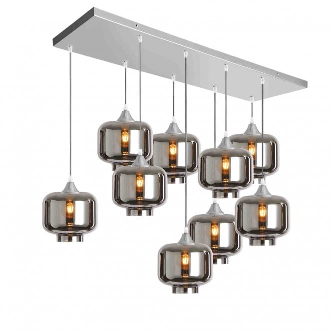 OPT 9 Light Ceiling Pendant Bar Cluster in Silver with Silver Glass Short Cylinder Shades