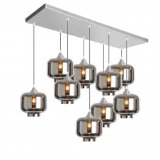 OPT 9 Light Ceiling Pendant Bar Cluster in Silver with Silver Glass Short Cylinder Shades