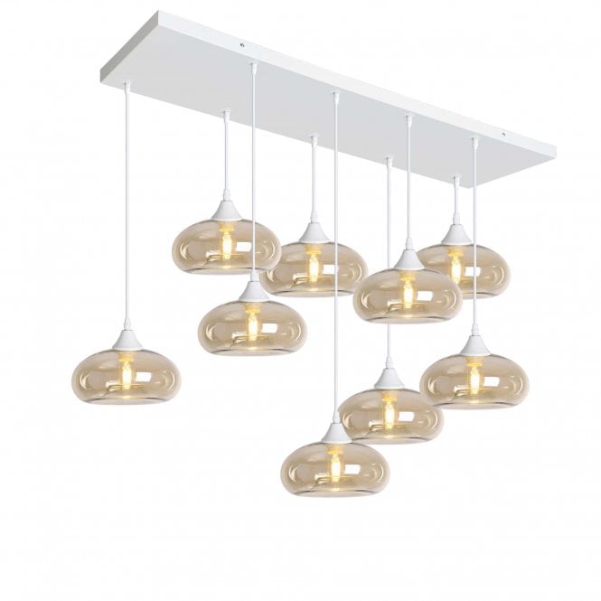 OPT 9 Light Ceiling Pendant Bar Cluster in White with Amber Glass Convex Cap Shades
