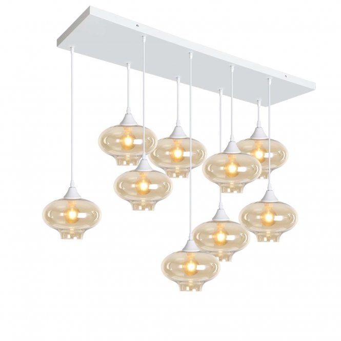 OPT 9 Light Ceiling Pendant Bar Cluster in White with Amber Glass Mushroom Shades