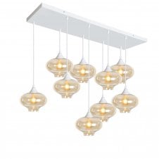 OPT 9 Light Ceiling Pendant Bar Cluster in White with Amber Glass Mushroom Shades