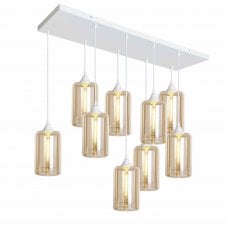 OPT 9 Light Ceiling Pendant Bar Cluster in White with Amber Glass Narrow Cylinder Shades
