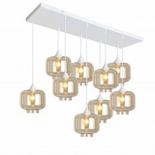 OPT 9 Light Ceiling Pendant Bar Cluster in White with Amber Glass Short Cylinder Shades