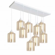 OPT 9 Light Ceiling Pendant Bar Cluster in White with Amber Glass Wide Cylinder Shades