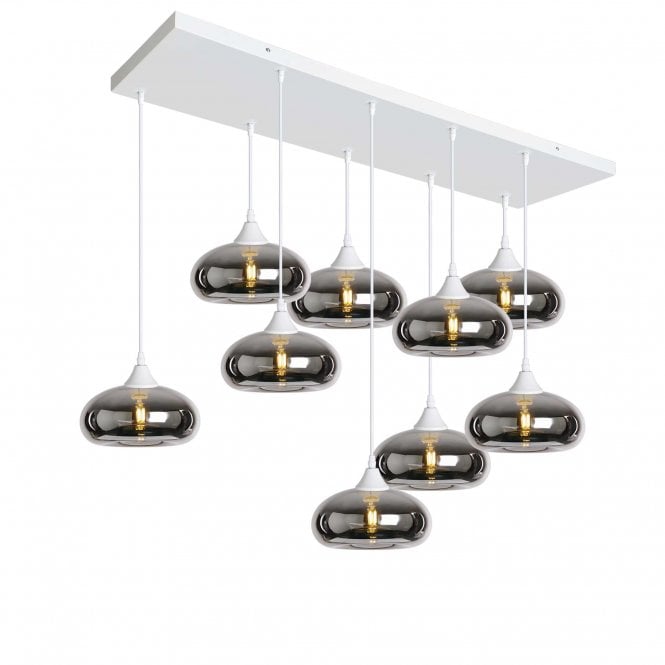 OPT 9 Light Ceiling Pendant Bar Cluster in White with Silver Glass Convex Cap Shades
