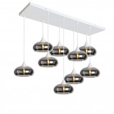 OPT 9 Light Ceiling Pendant Bar Cluster in White with Silver Glass Convex Cap Shades