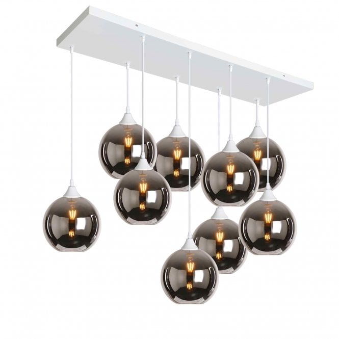 OPT 9 Light Ceiling Pendant Bar Cluster in White with Silver Glass Globe Shades