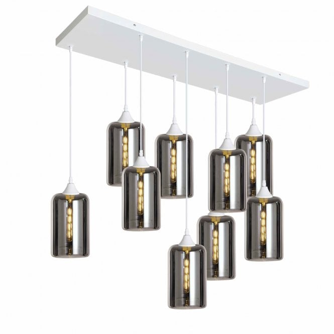 OPT 9 Light Ceiling Pendant Bar Cluster in White with Silver Glass Narrow Cylinder Shades