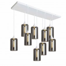 OPT 9 Light Ceiling Pendant Bar Cluster in White with Silver Glass Narrow Cylinder Shades