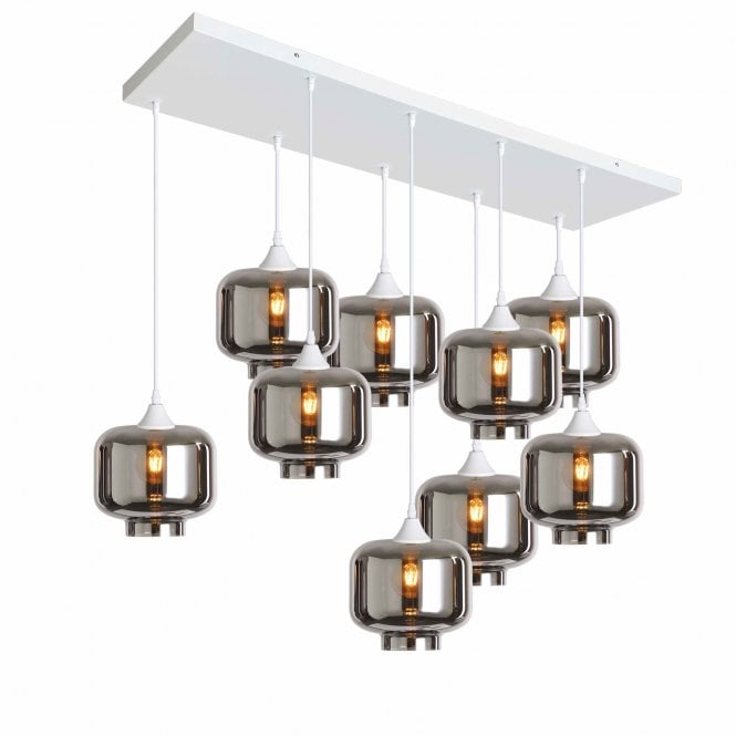 OPT 9 Light Ceiling Pendant Bar Cluster in White with Silver Glass Short Cylinder Shades