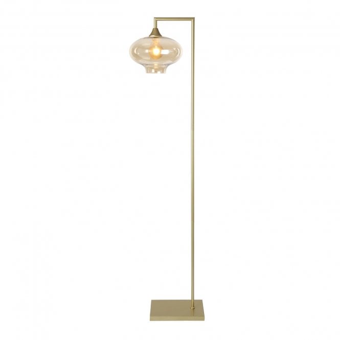 OPT Right Angled Floor Lamp Gold with Mushroom Globe Glass Amber Shade