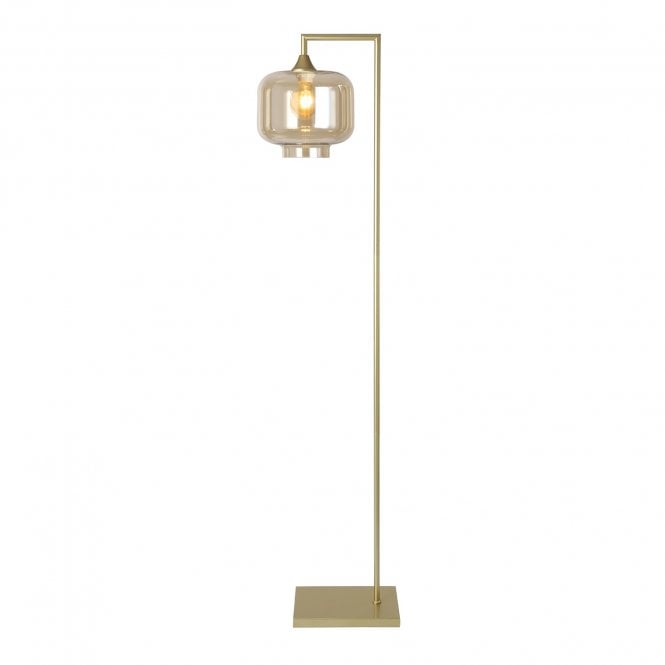OPT Right Angled Floor Lamp Gold with Short Cylinder Glass Amber Shade