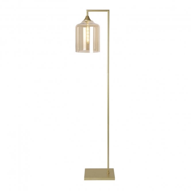 OPT Right Angled Floor Lamp Gold with Wide Cylinder Glass Amber Shade