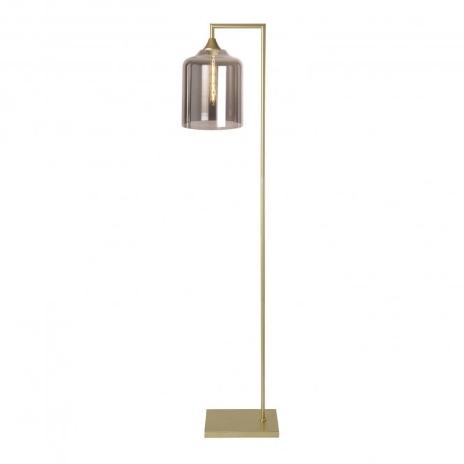 OPT Right Angled Floor Lamp Gold with Wide Cylinder Glass Smoked Shade
