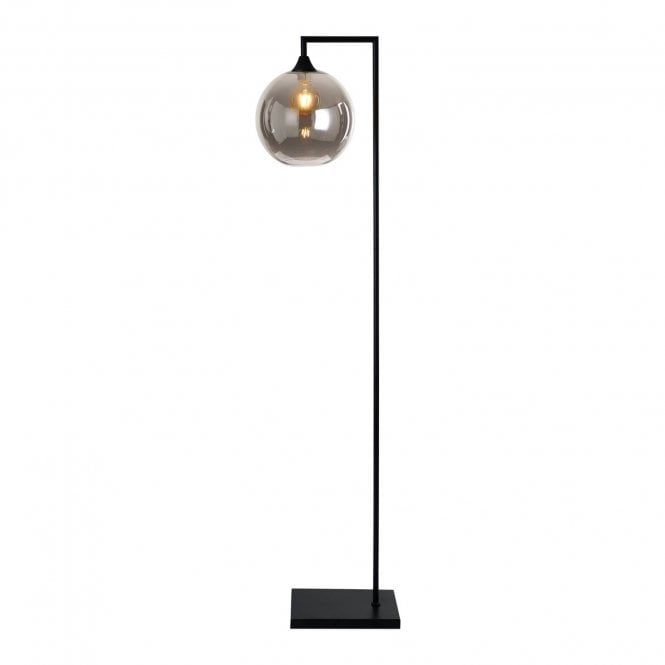 OPT Right Angled Floor Lamp in Black with Globe Glass Smoked shade