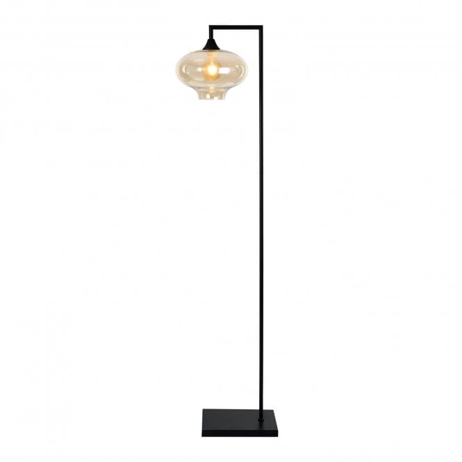 OPT Right Angled Floor Lamp in Black with Mushroom Globe Glass Amber shade