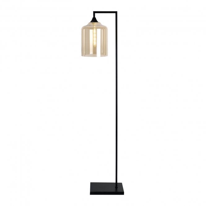 OPT Right Angled Floor Lamp in Black with Wide Cylinder Glass Amber shade